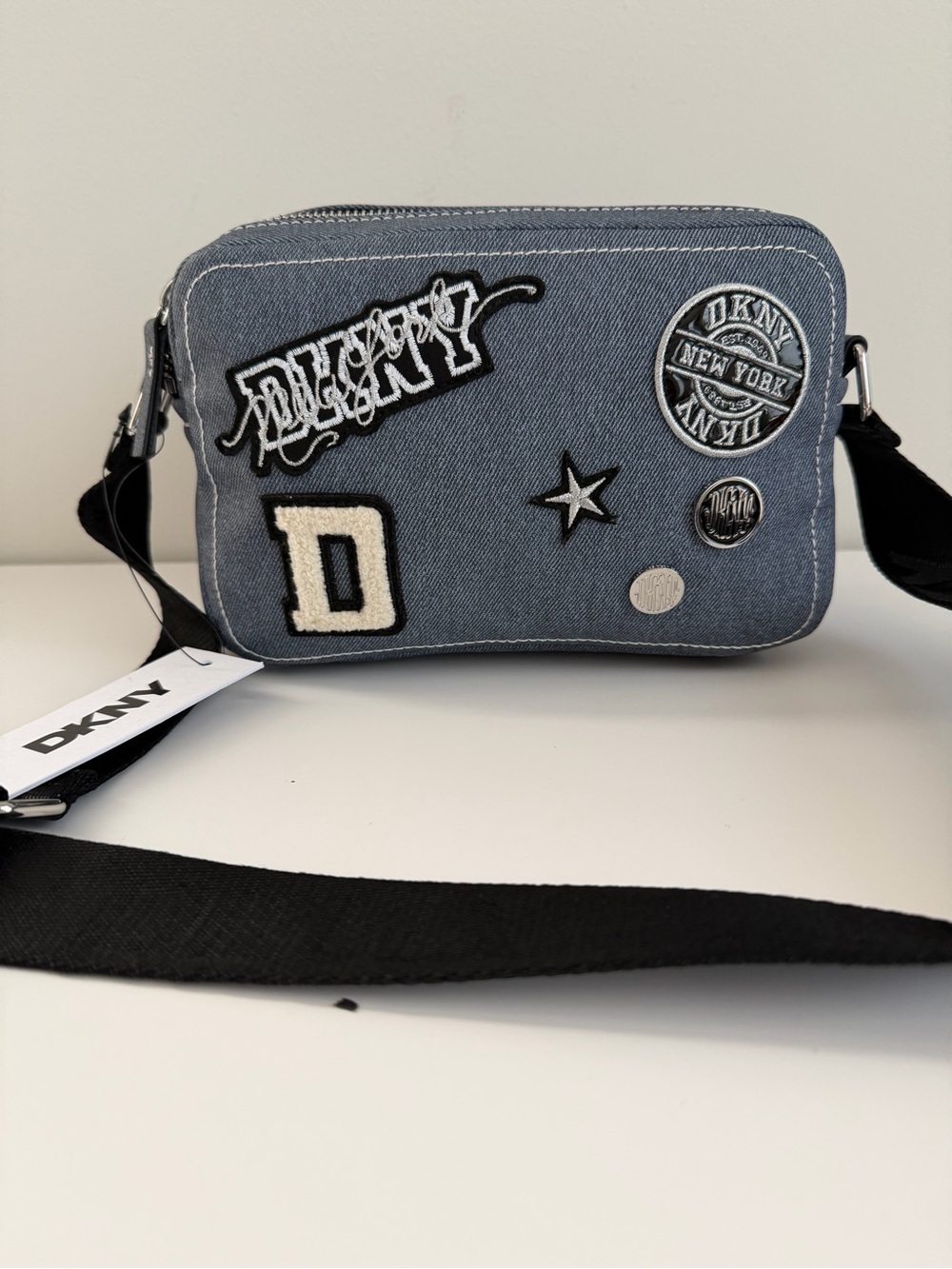 DKNY Blue Denim Patch Crossbody Bag with Black Strap - Picture 1 of 3